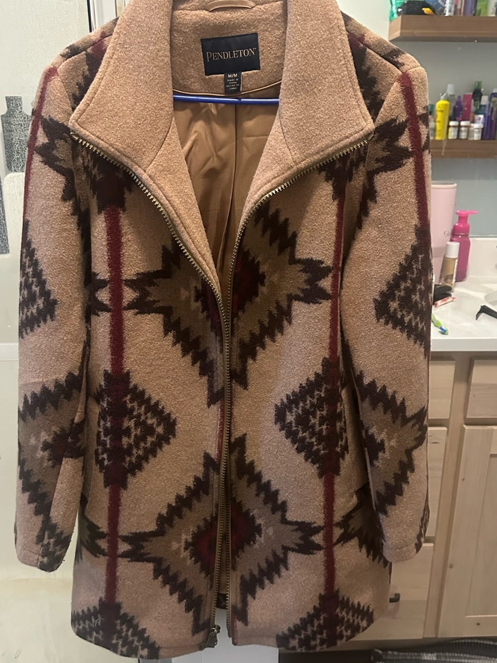 Pendleton Tan Aztec-Pattern Zip Front Trench Coat